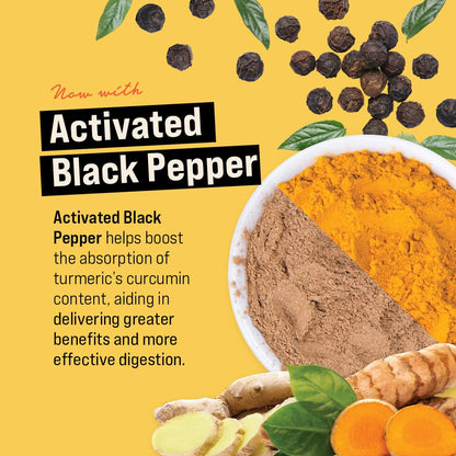 360 Nutrition Turmeric Ginger supplement pouch displayed next to a glass of golden milk