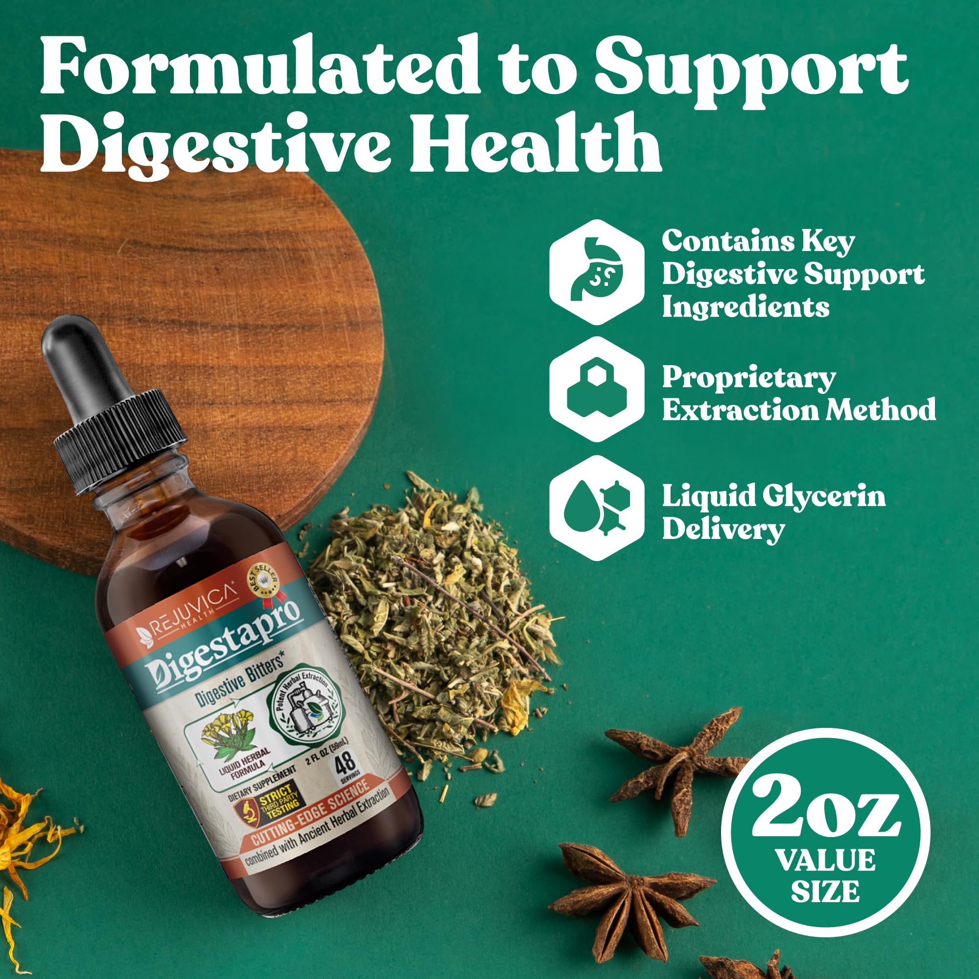 Rejuvica Health DigestaPro liquid supplement dropper showing premium herbal ingredients label.