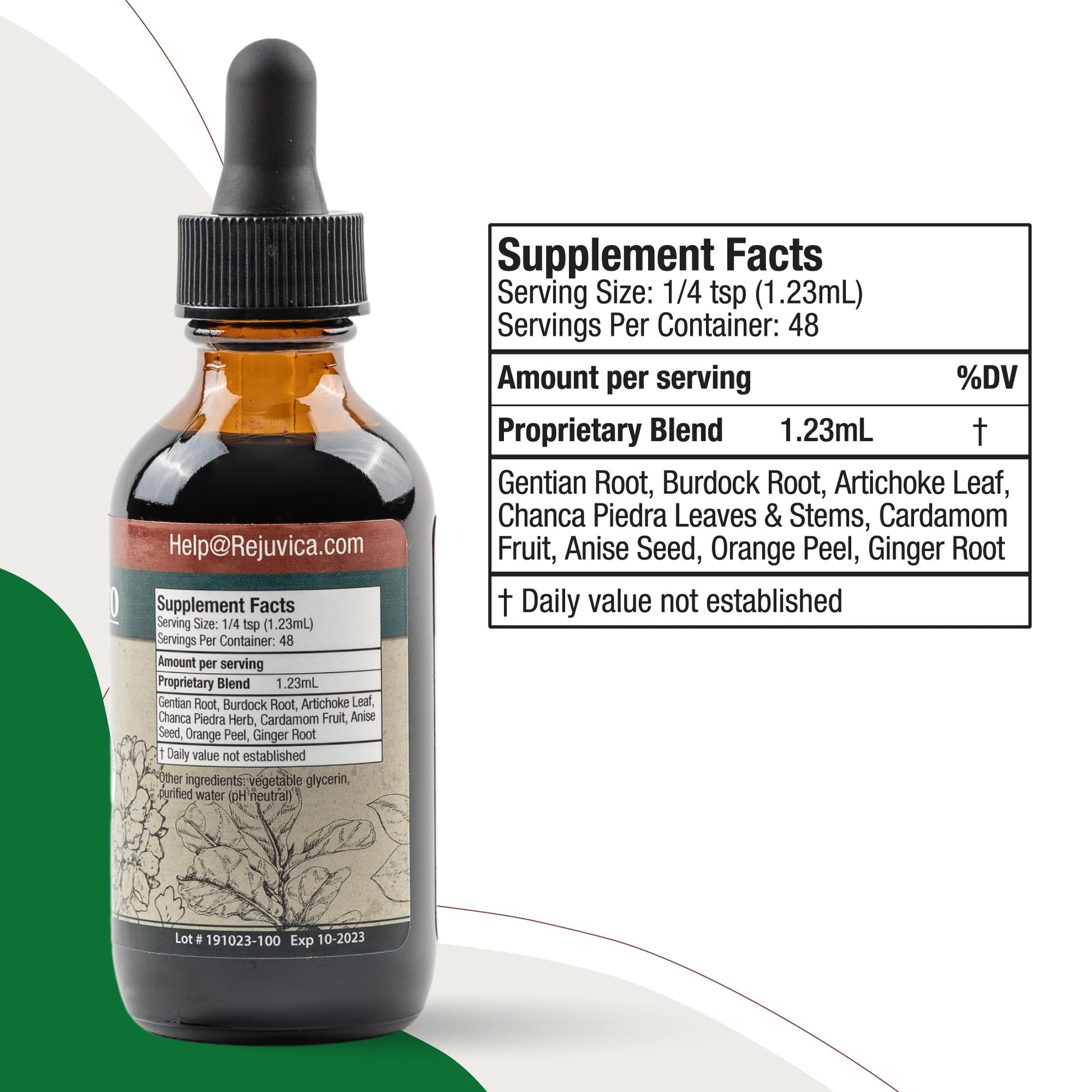 Liquid dietary supplement bottle showing chanca piedra and artichoke leaf composition.
