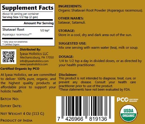 Organic Shatavari Root Powder Ayurvedic herb supplement pouch