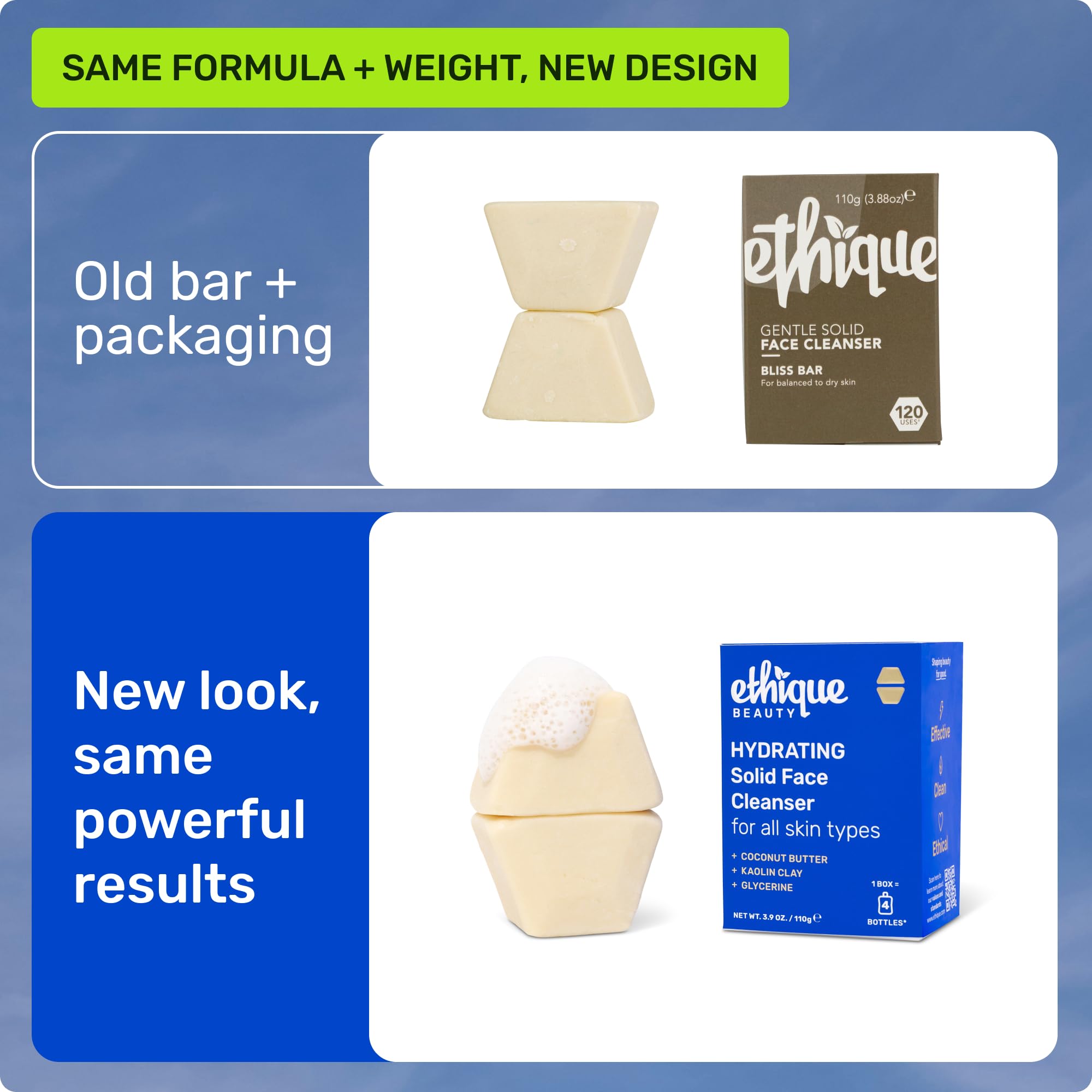 Two Ethique solid face cleanser bars out of box