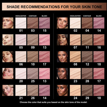 Before and after makeup comparison demonstrating the sculpting effect of the contour set