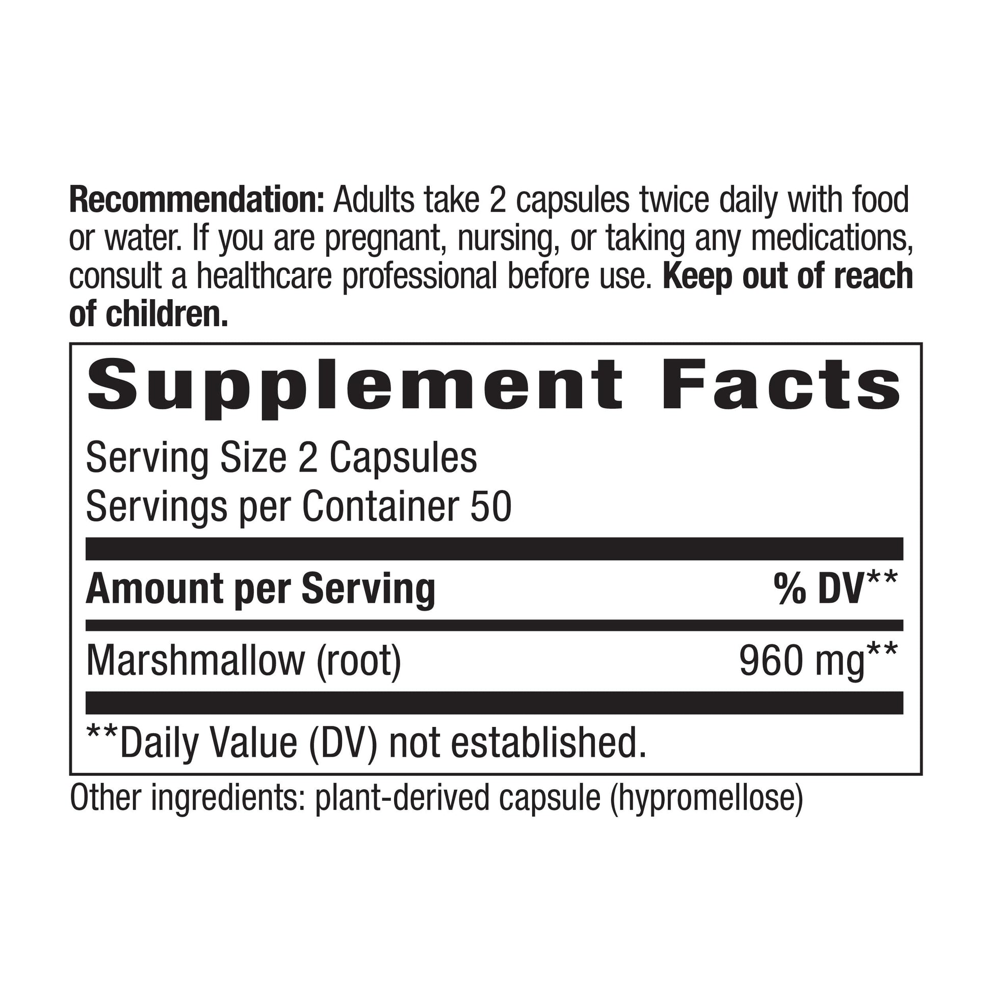 Natures Way Marshmallow Root label showing 960 mg serving size