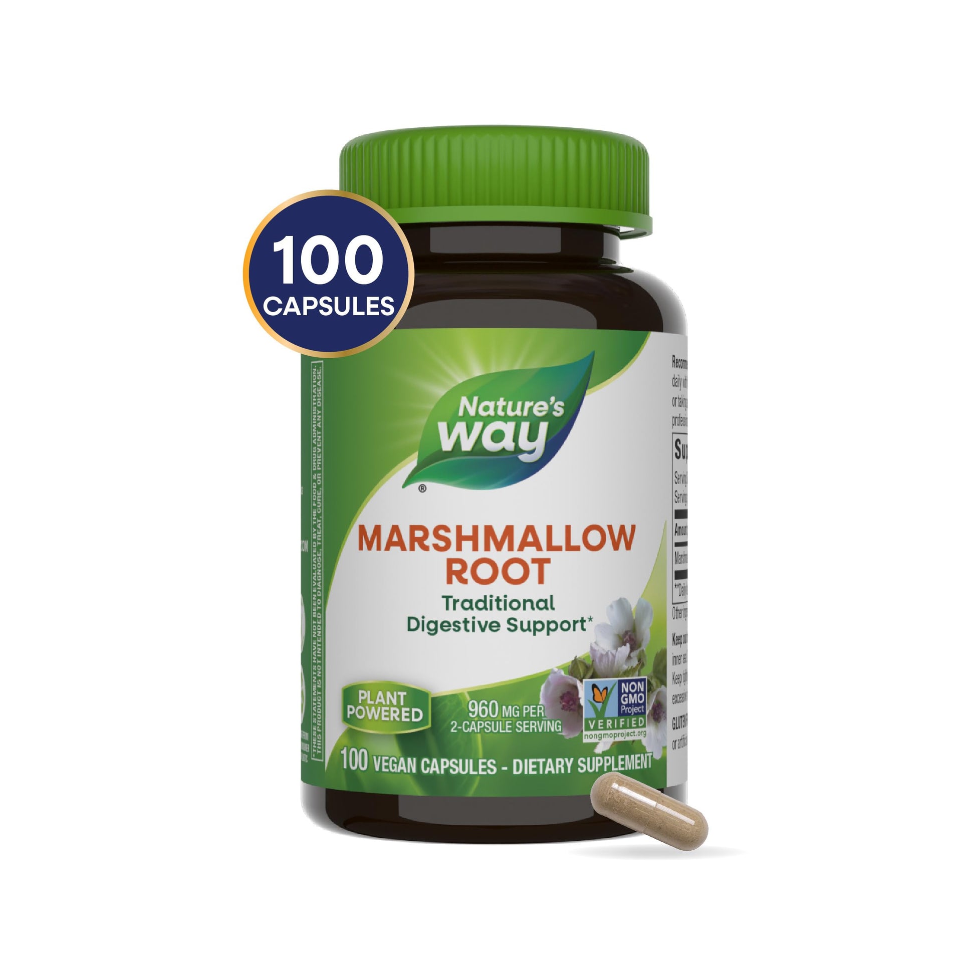 Side view of Natures Way Marshmallow Root bottle with supplement facts