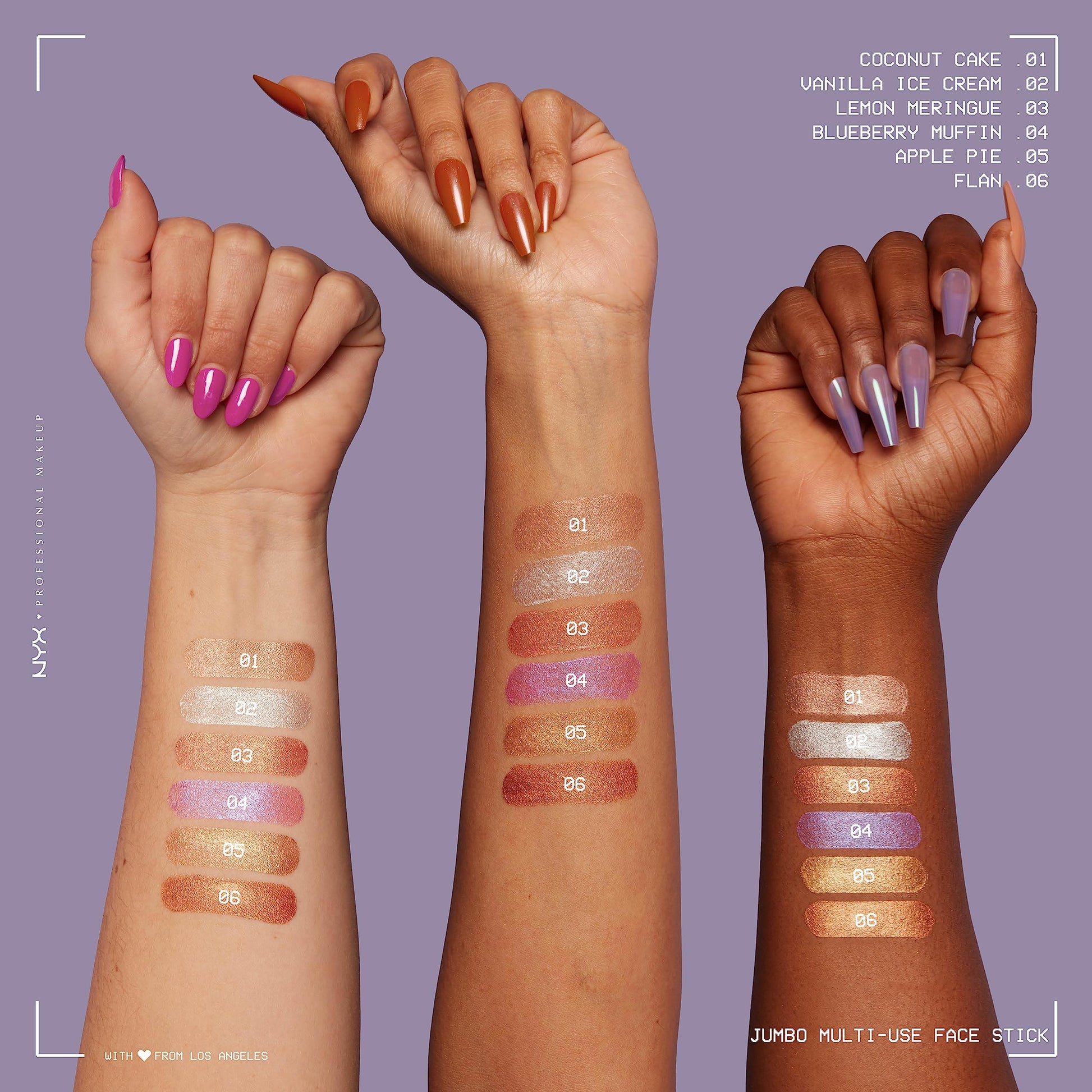 NYX Jumbo multi use stick pearl white shade applied on model cheekbones