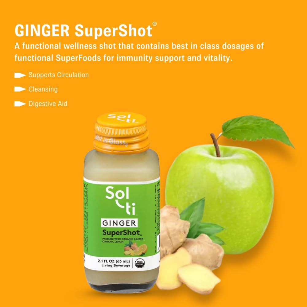 Sol-ti Organic Ginger SuperShot twelve pack box displaying the premium glass bottle arrangement.