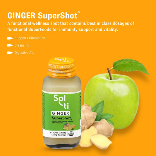 Sol-ti Organic Ginger SuperShot twelve pack box displaying the premium glass bottle arrangement.