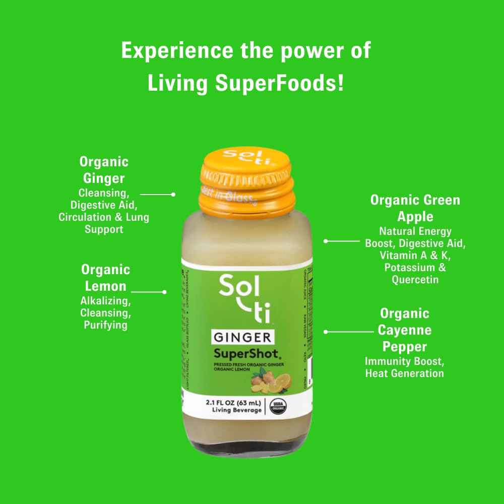 Close up of Sol-ti Ginger SuperShot label highlighting the certified organic and non GMO ingredients.