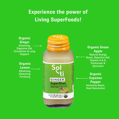 Close up of Sol-ti Ginger SuperShot label highlighting the certified organic and non GMO ingredients.