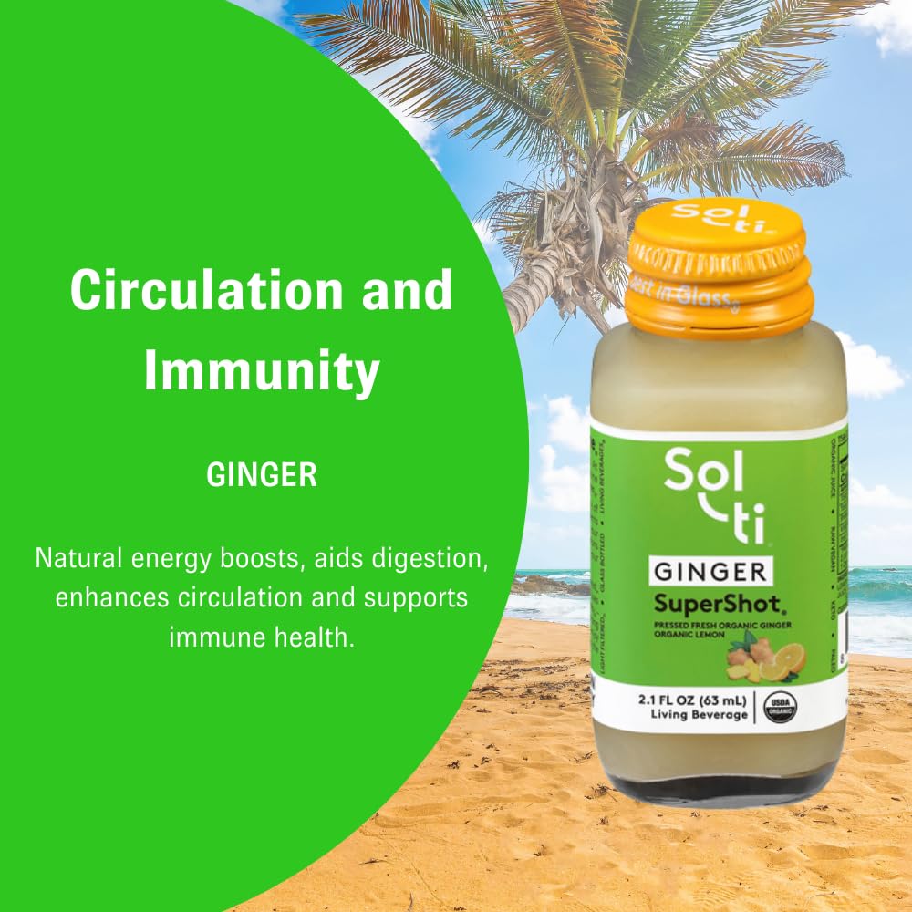 Sol-ti Organic Ginger SuperShot nutritional facts panel detailing zero added sugars and raw elements.