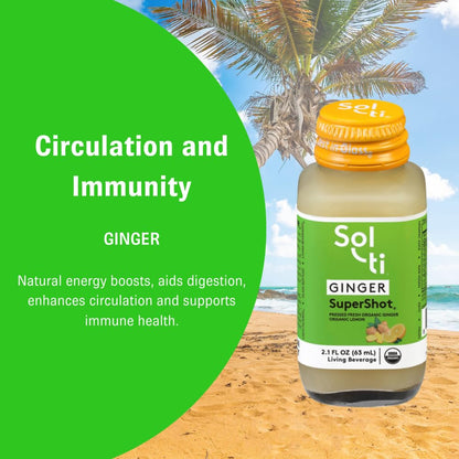 Sol-ti Organic Ginger SuperShot nutritional facts panel detailing zero added sugars and raw elements.