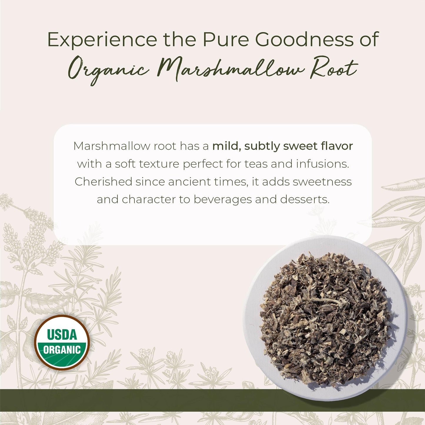 Close up of dried organic marshmallow root herb texture