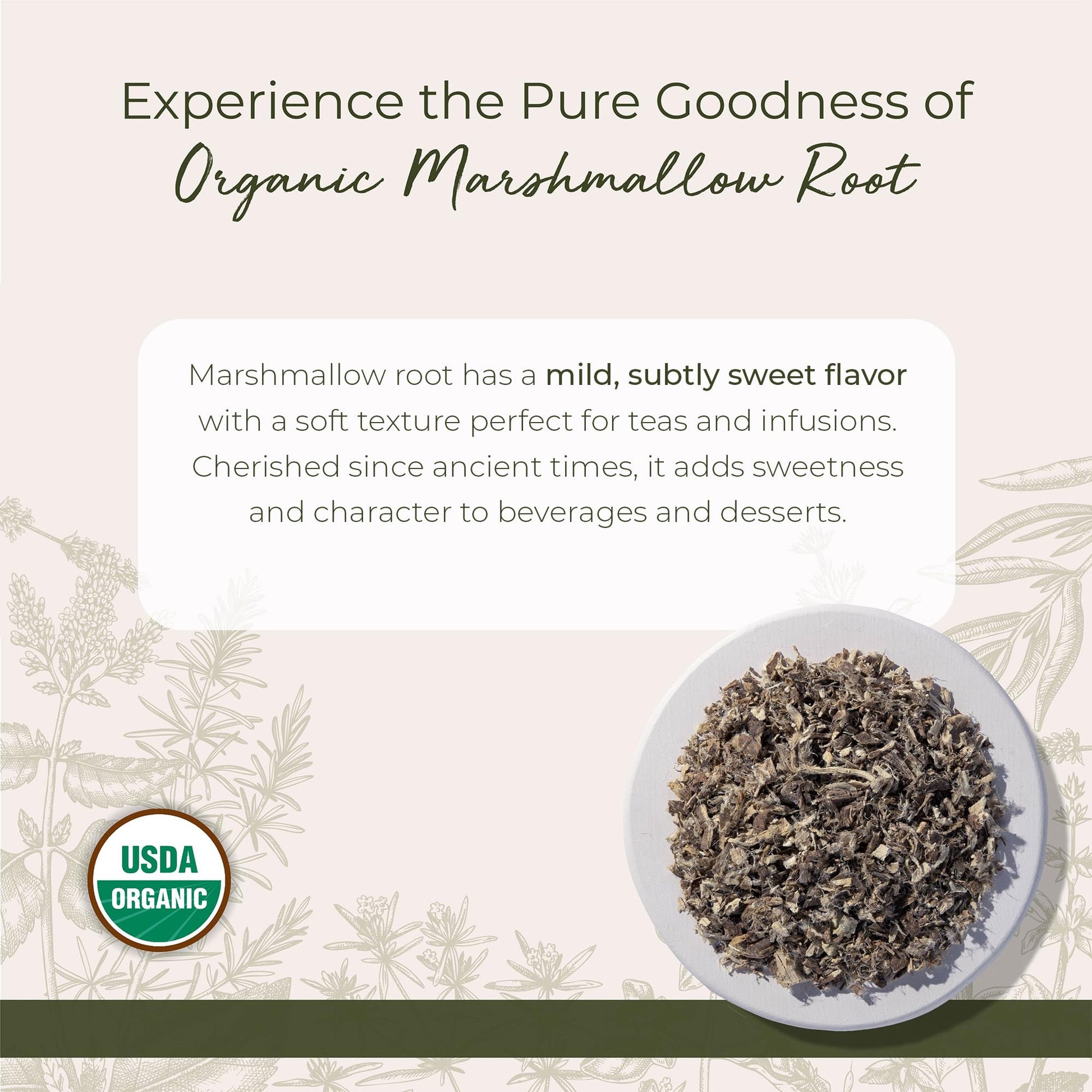 Close up of dried organic marshmallow root herb texture