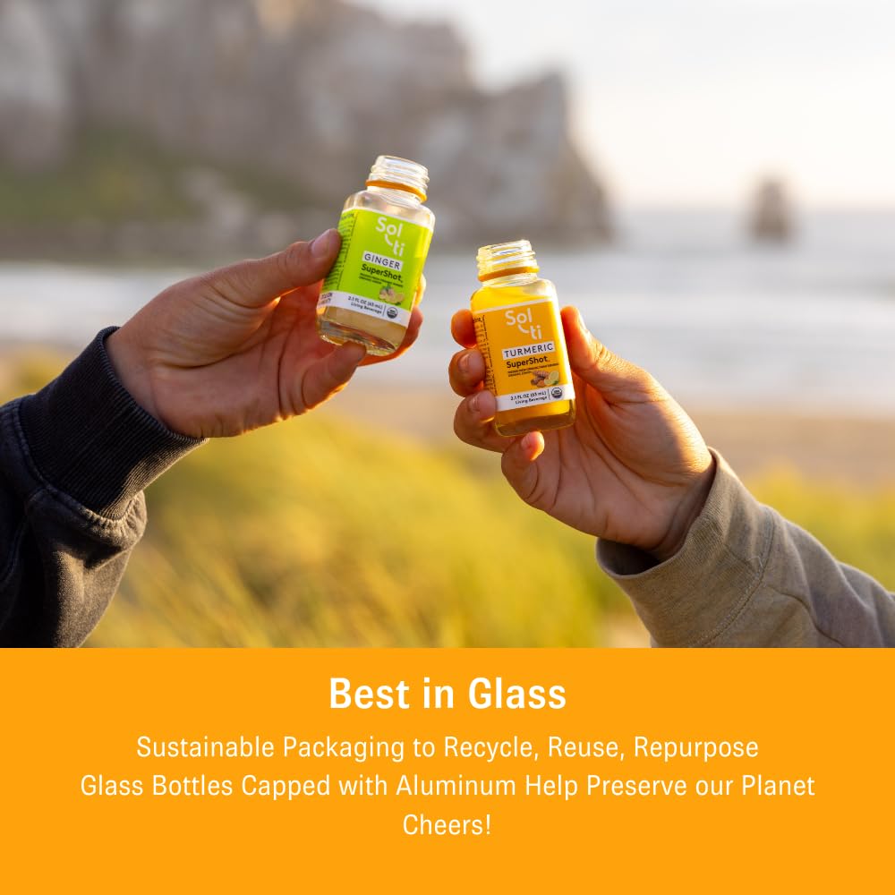A collection of Sol-ti Organic Ginger SuperShot bottles arranged neatly on a clean wellness display.