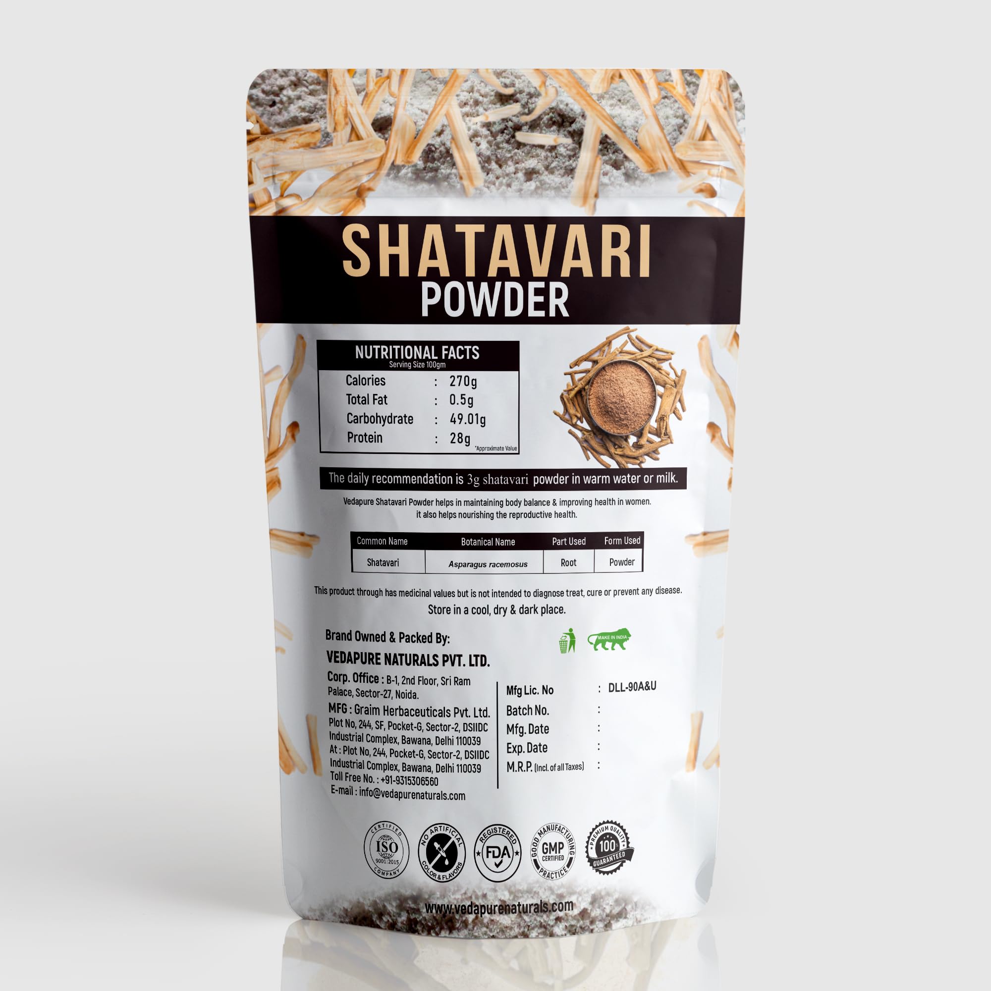 Vedapure Shatavari one hundred gram powder container displaying ingredients list