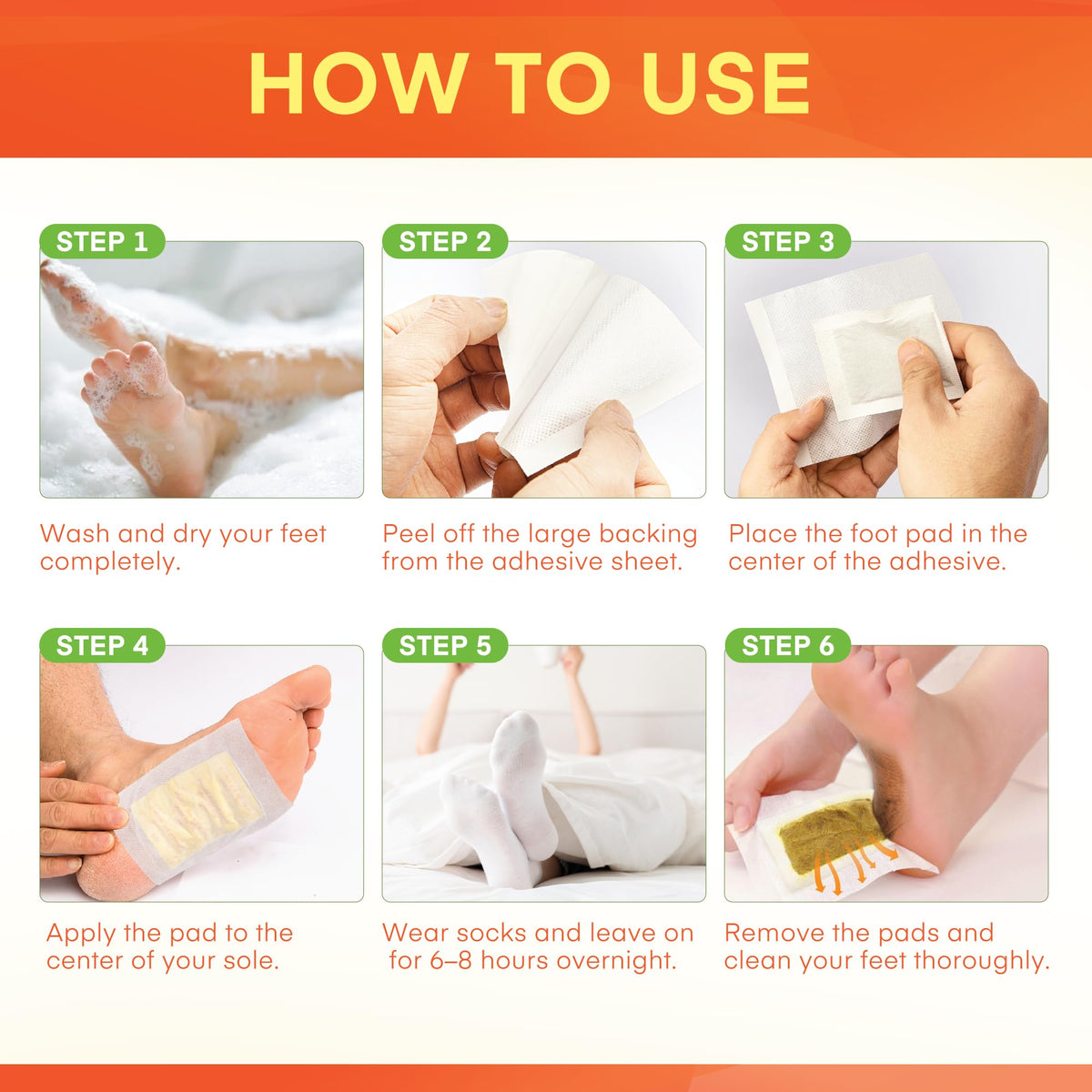 Orange variant wellness foot pads illustrating the smooth flexible material suitable for all foot sizes