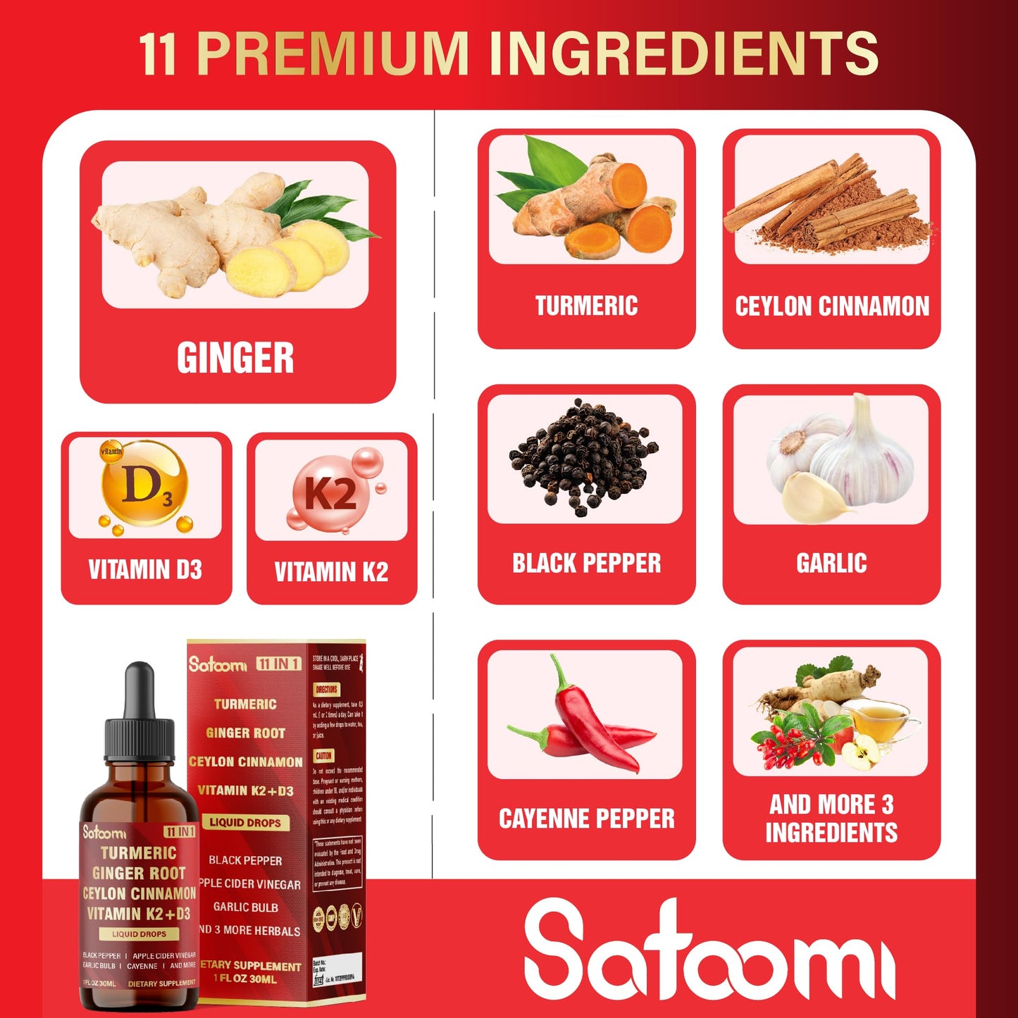 Satoomi ginger root and turmeric liquid supplement packaging detailing premium ingredients