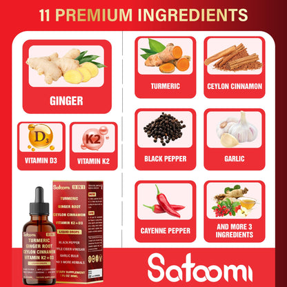 Satoomi ginger root and turmeric liquid supplement packaging detailing premium ingredients