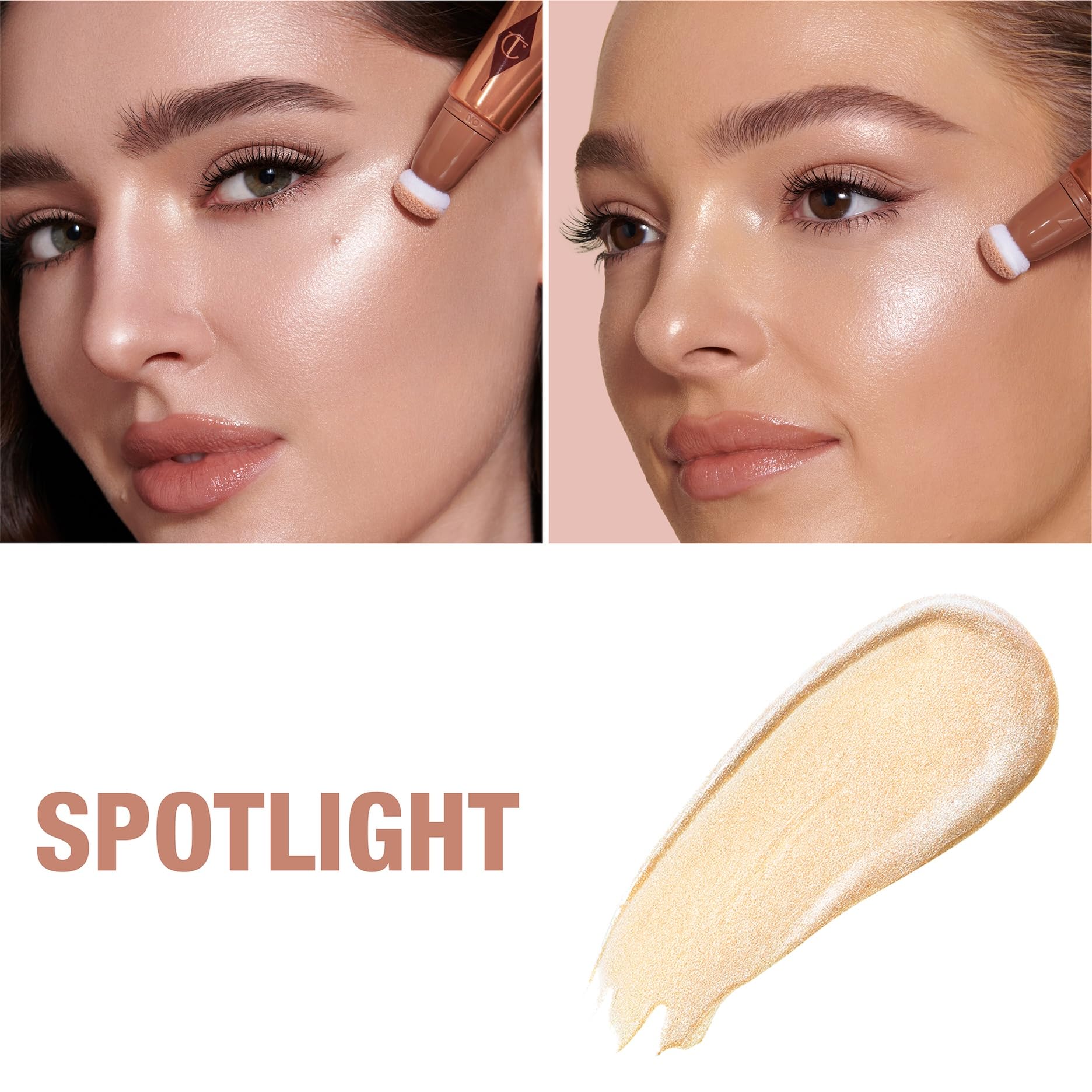 Charlotte Tilbury pearlescent highlighter swatch on the back of a hand demonstrating radiant finish