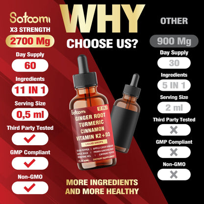 Satoomi imported herbal drops displayed next to raw ginger and turmeric roots