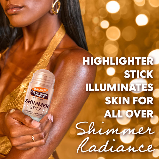 Palmer's Cocoa Butter highlighter stick with cap removed showing the creamy shimmer product texture.