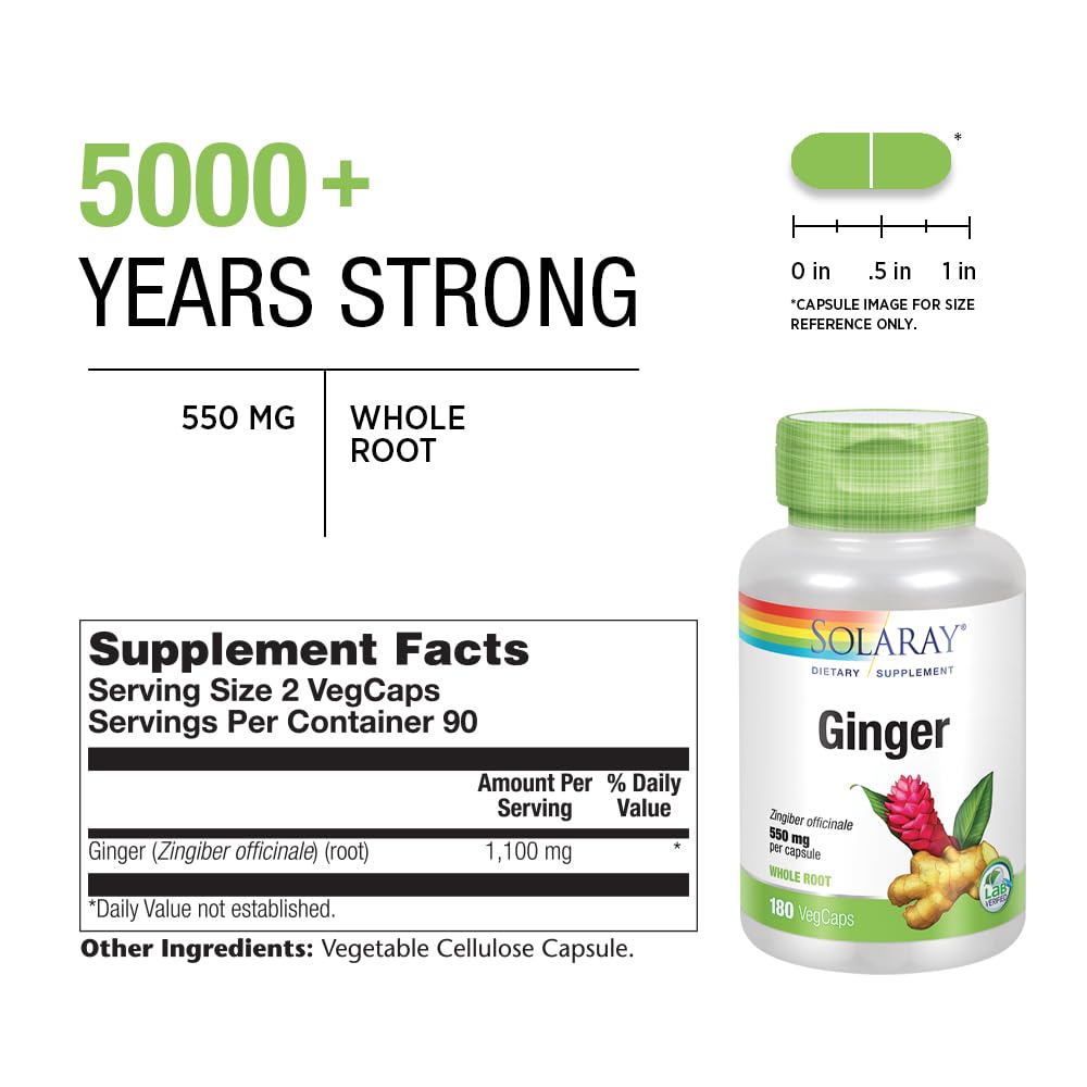 Side label of Solaray true herbs ginger supplement displaying dietary ingredients and facts