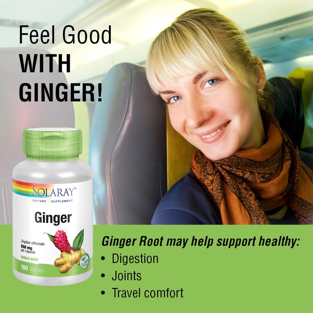 Premium non-GMO vegan ginger root capsules by Solaray for motion discomfort relief