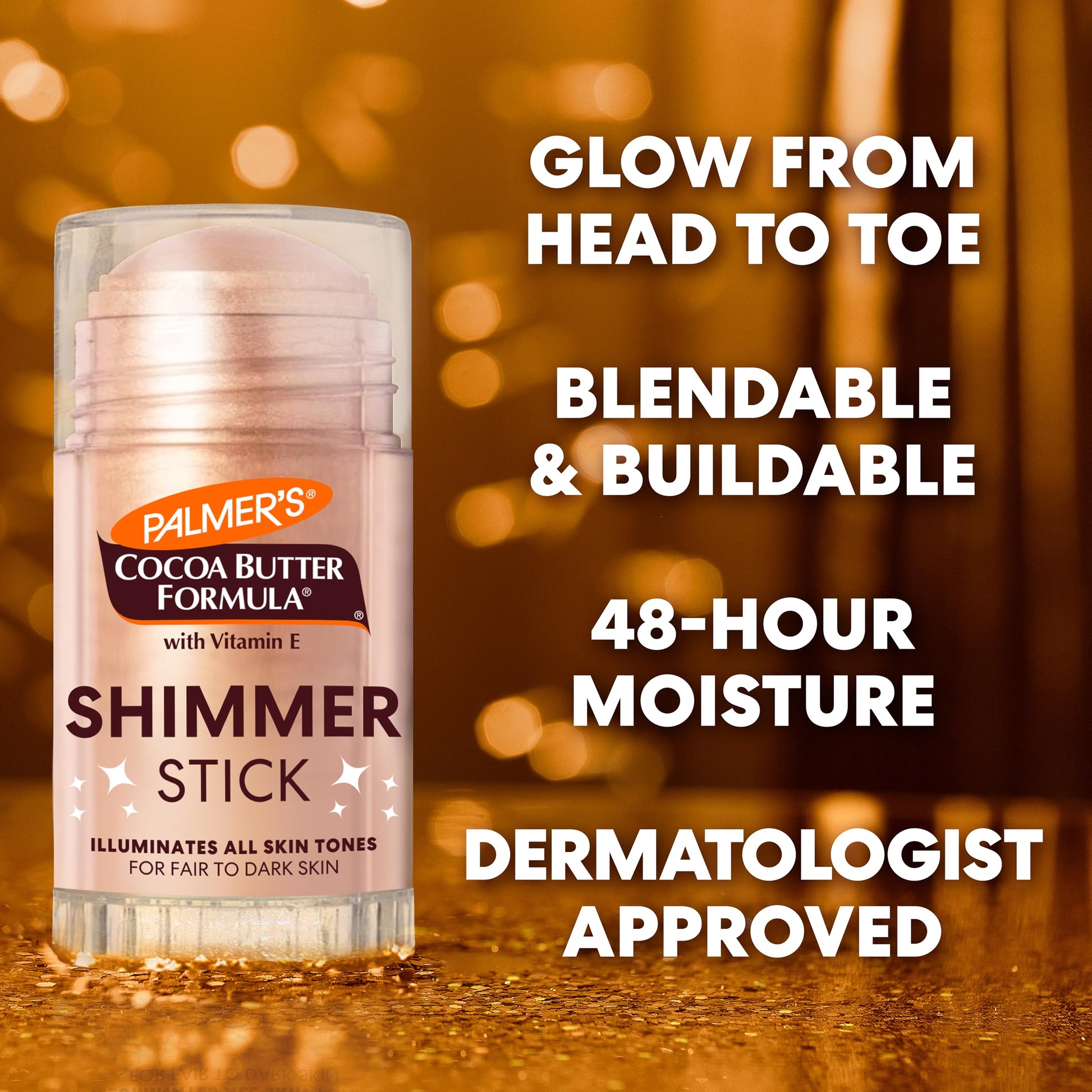 Dermatologist approved Palmer's shimmer stick applied on skin showcasing the luminous golden hour radiance.