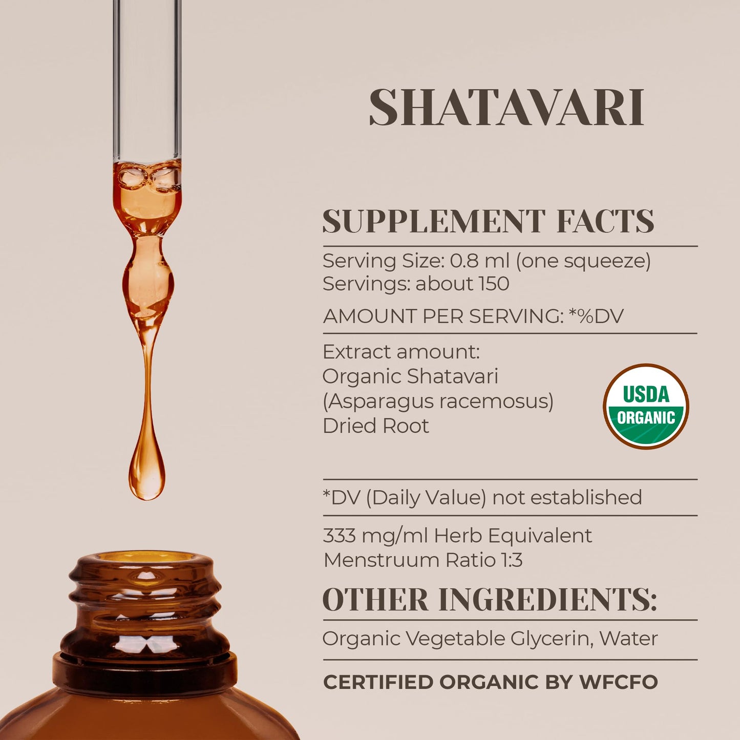Side profile of Garden Organics Shatavari extract highlights the USDA organic seal and alcohol free claim.