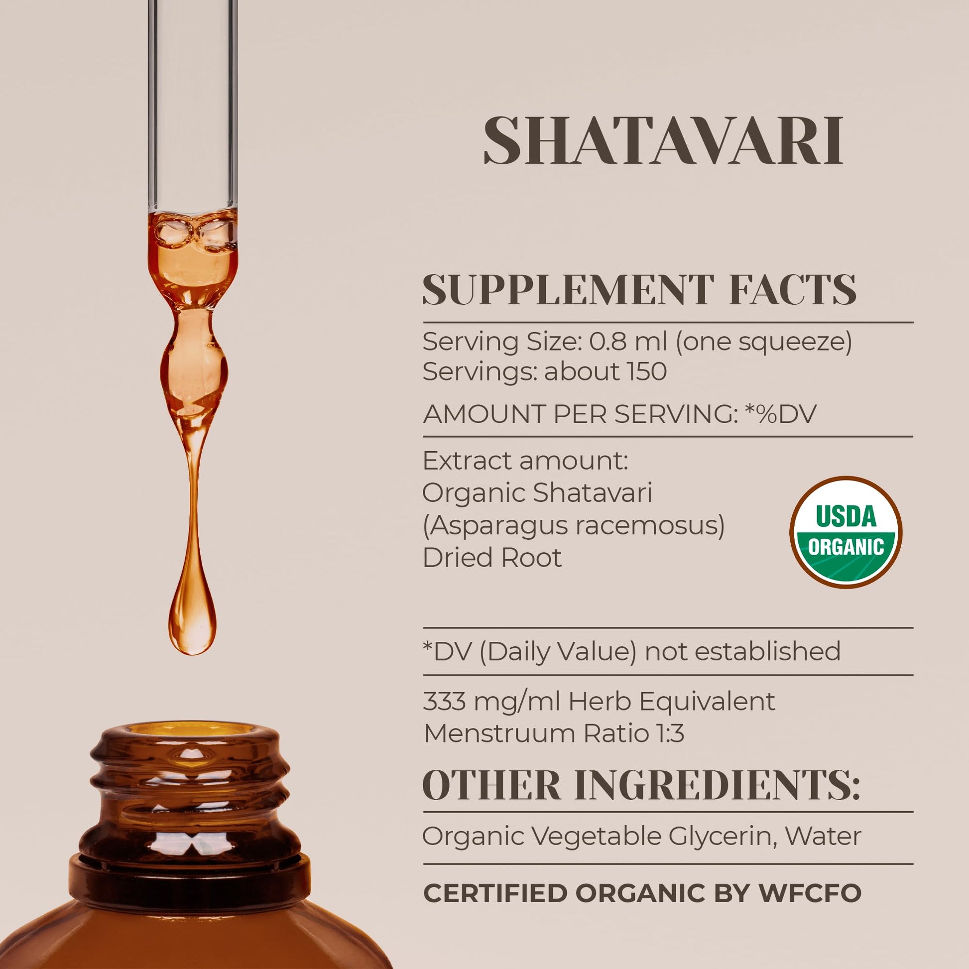 Side profile of Garden Organics Shatavari extract highlights the USDA organic seal and alcohol free claim.