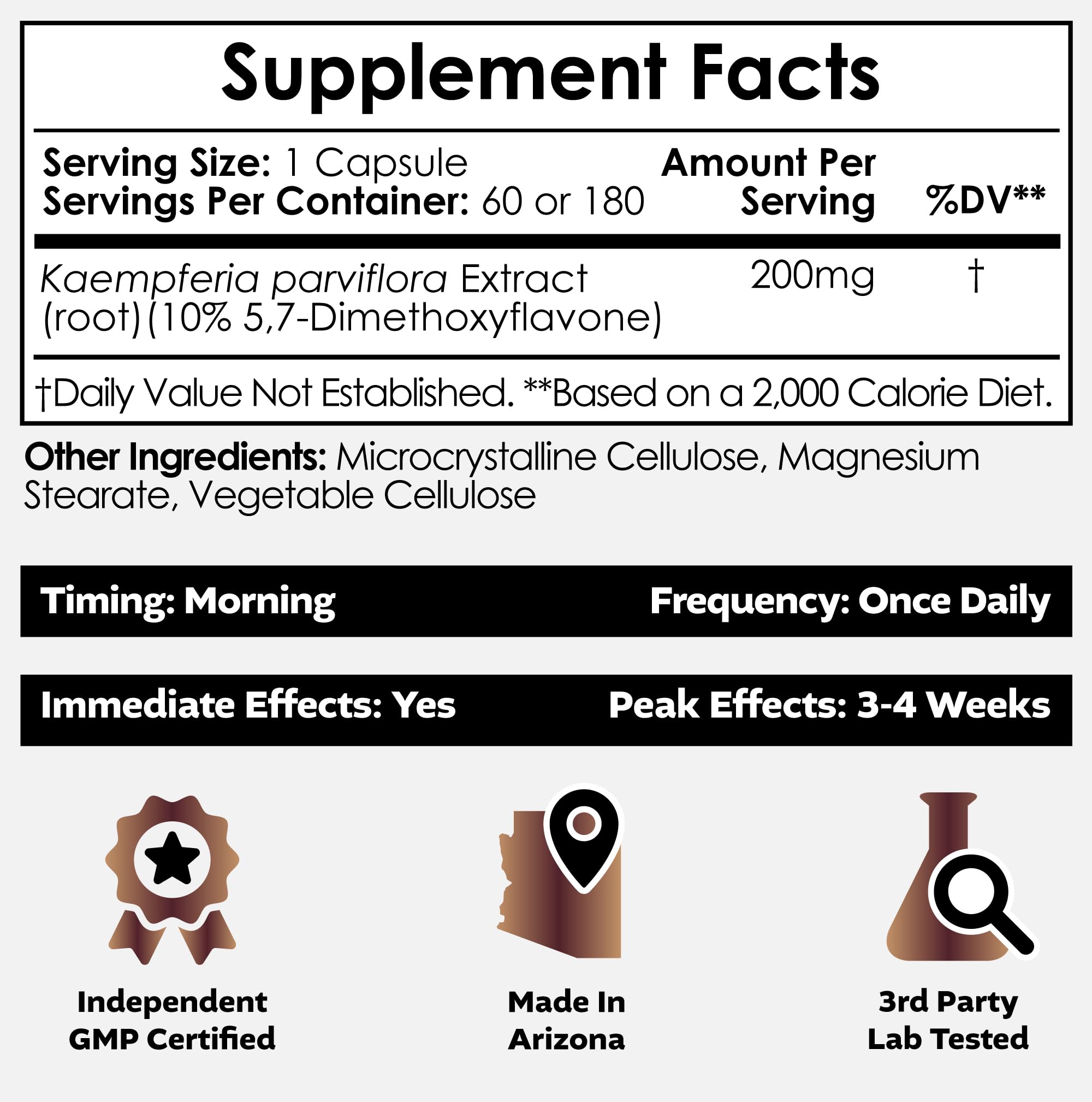 Side view of Nootropics Depot Black Ginger supplement bottle displaying ingredient breakdown and dietary facts.