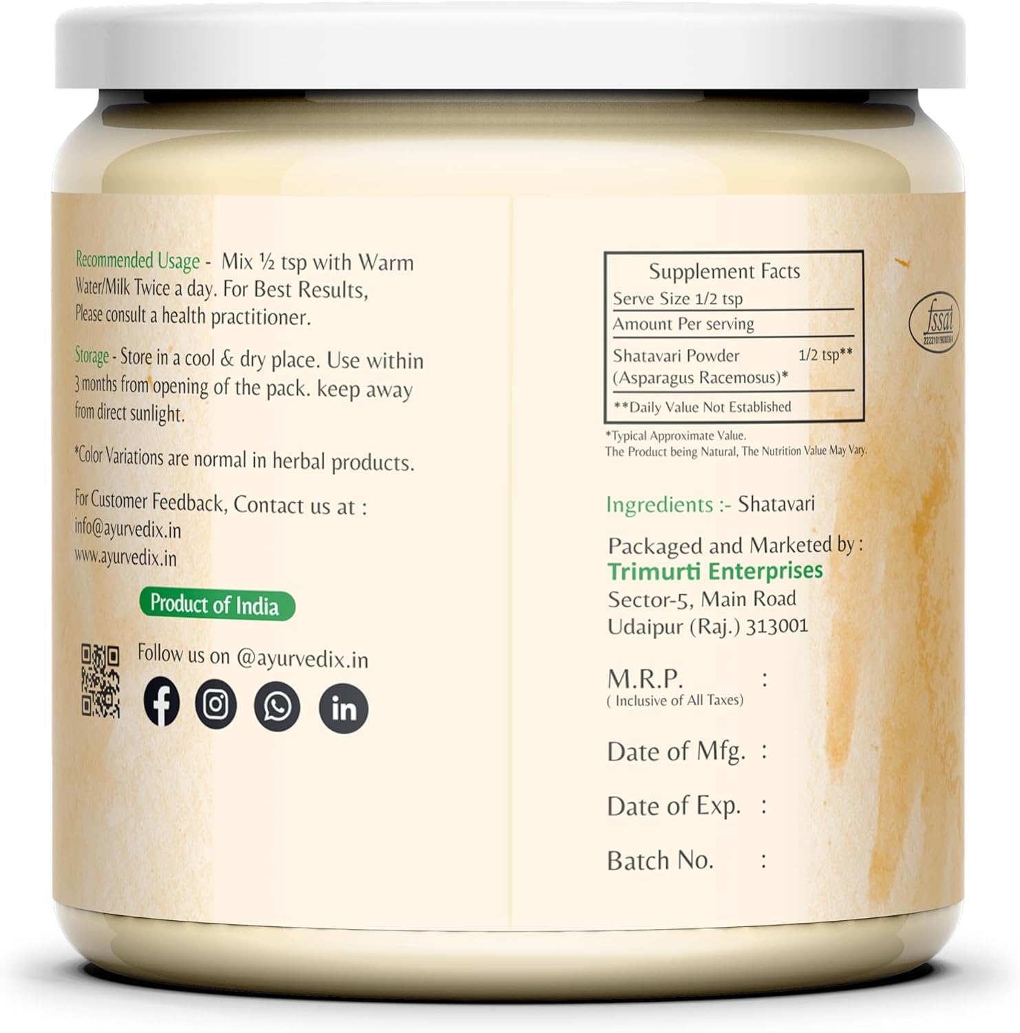 Pure Asparagus racemosus root powder supplement label details and organic certifications