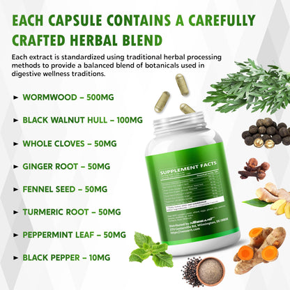 Back label of NESSARIT wormwood capsules showing detailed botanical ingredients list and daily serving guidelines.