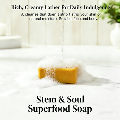 Three bars of Stem and Soul turmeric soap packaging