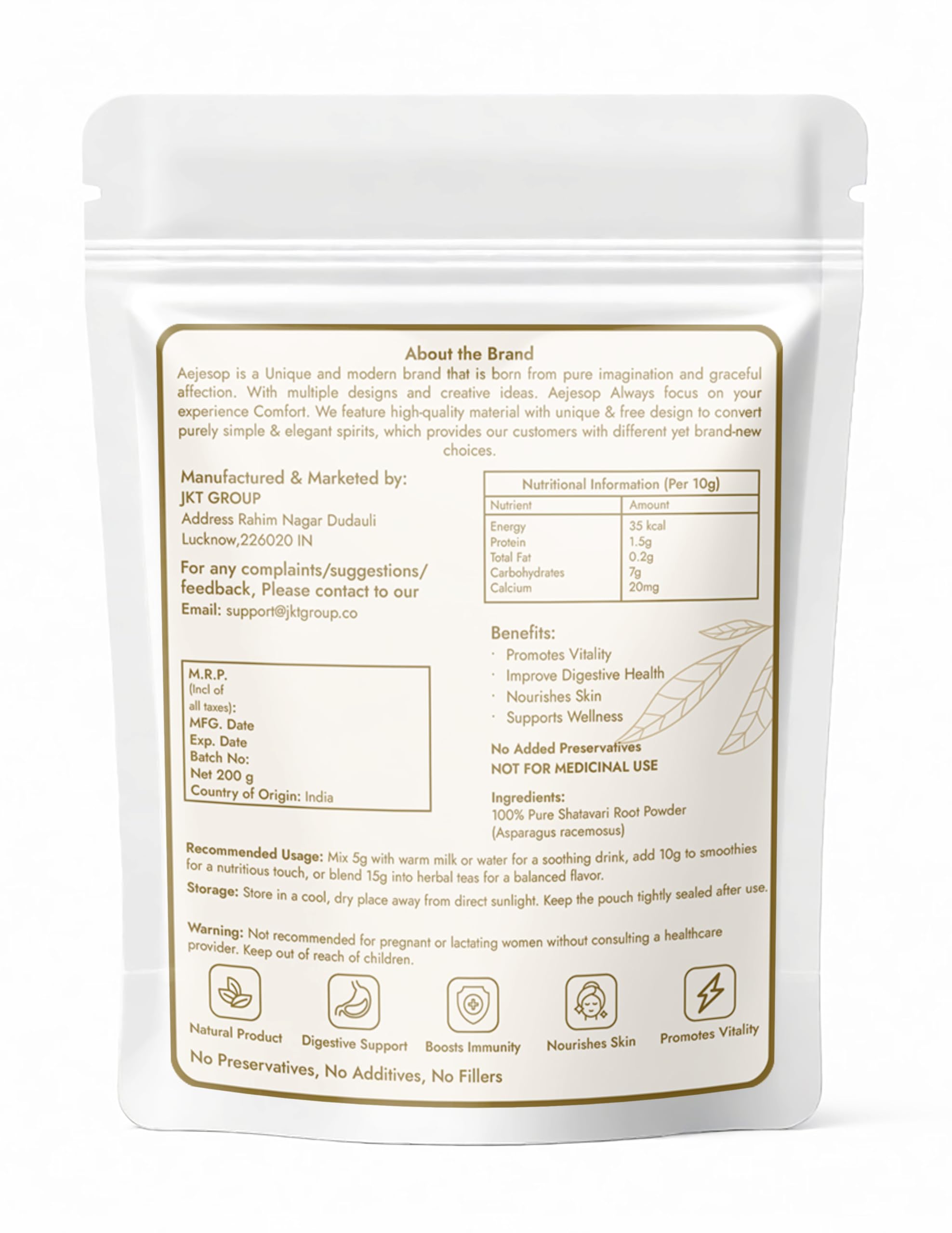 AEJESOP Shatavari Root Extract 200g resealable packaging back details