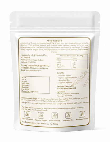AEJESOP Shatavari Root Extract 200g resealable packaging back details