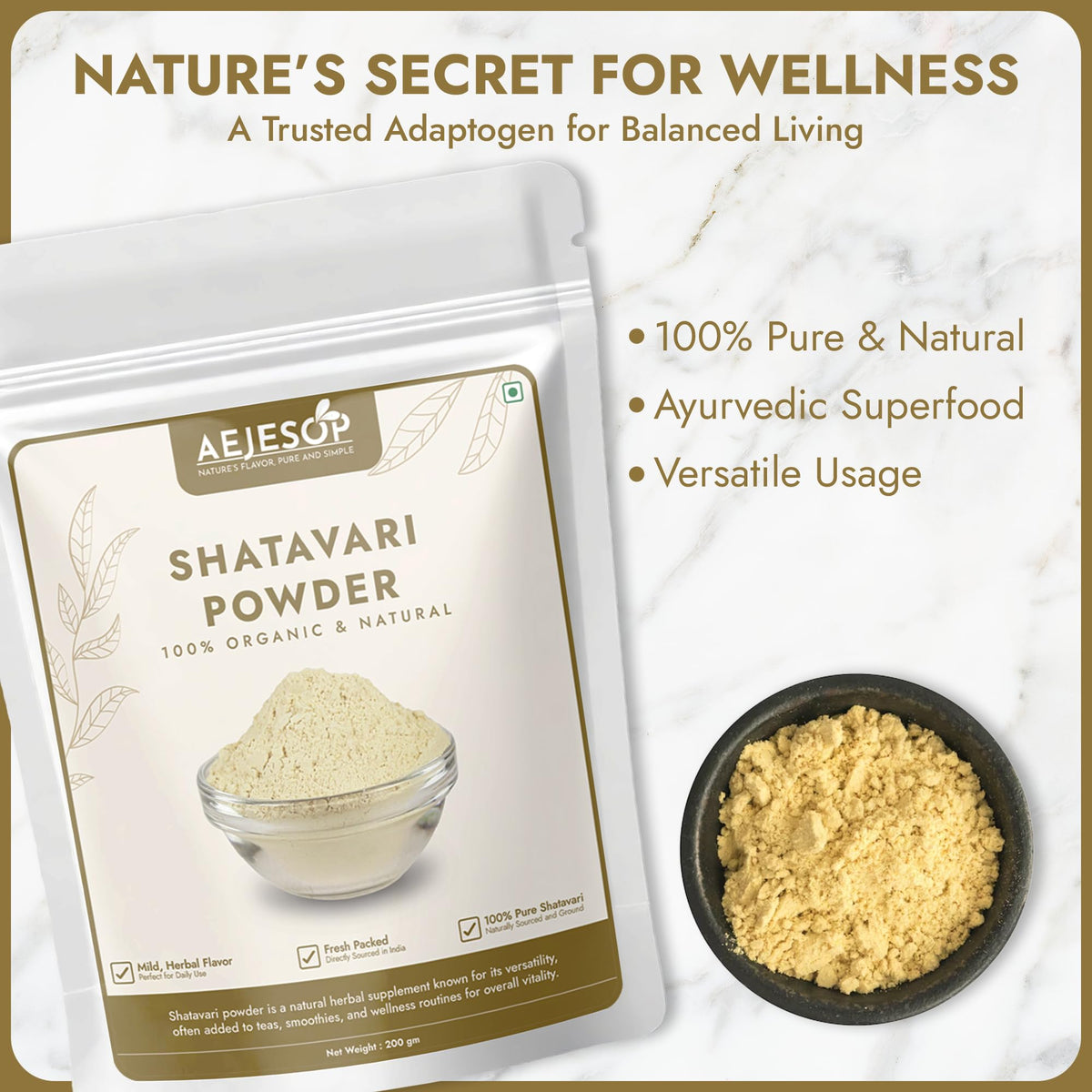 Pure organic Shatavari powder texture for hormonal balance