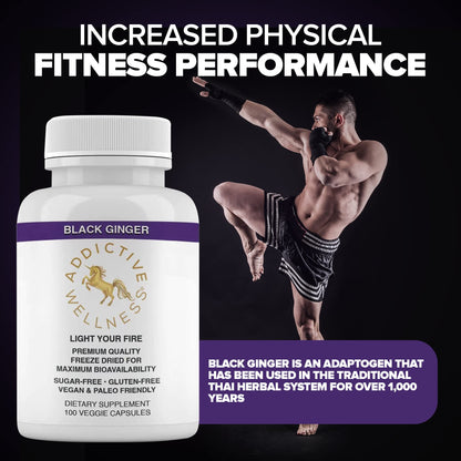 Addictive Wellness pure black ginger energy pills showing vegan and paleo friendly certifications