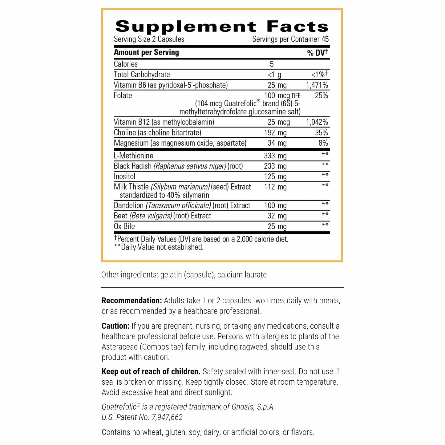 ITI Lipotropic Complex supplement facts label outlining milk thistle and choline ingredients