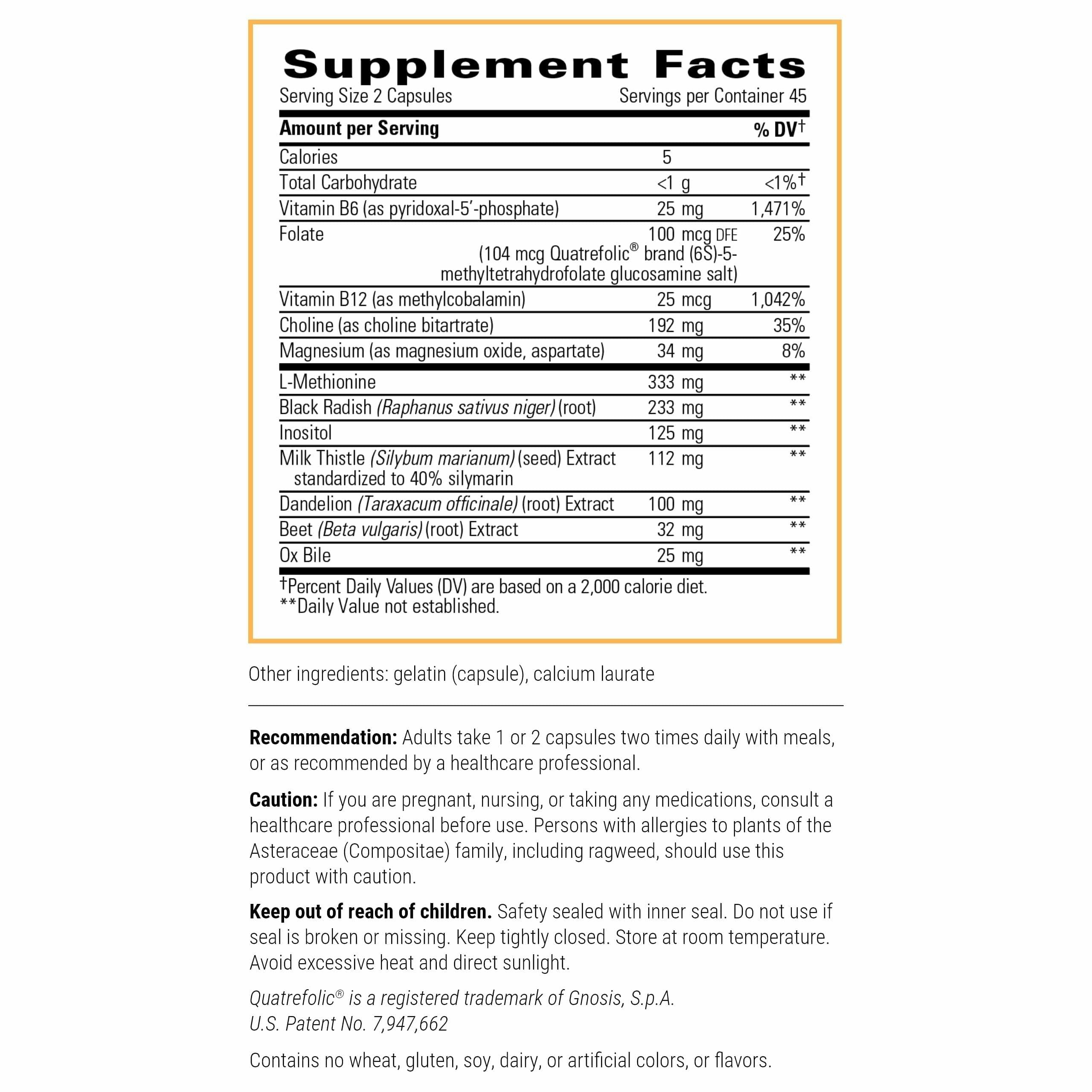 ITI Lipotropic Complex supplement facts label outlining milk thistle and choline ingredients