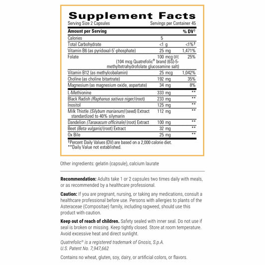 ITI Lipotropic Complex supplement facts label outlining milk thistle and choline ingredients