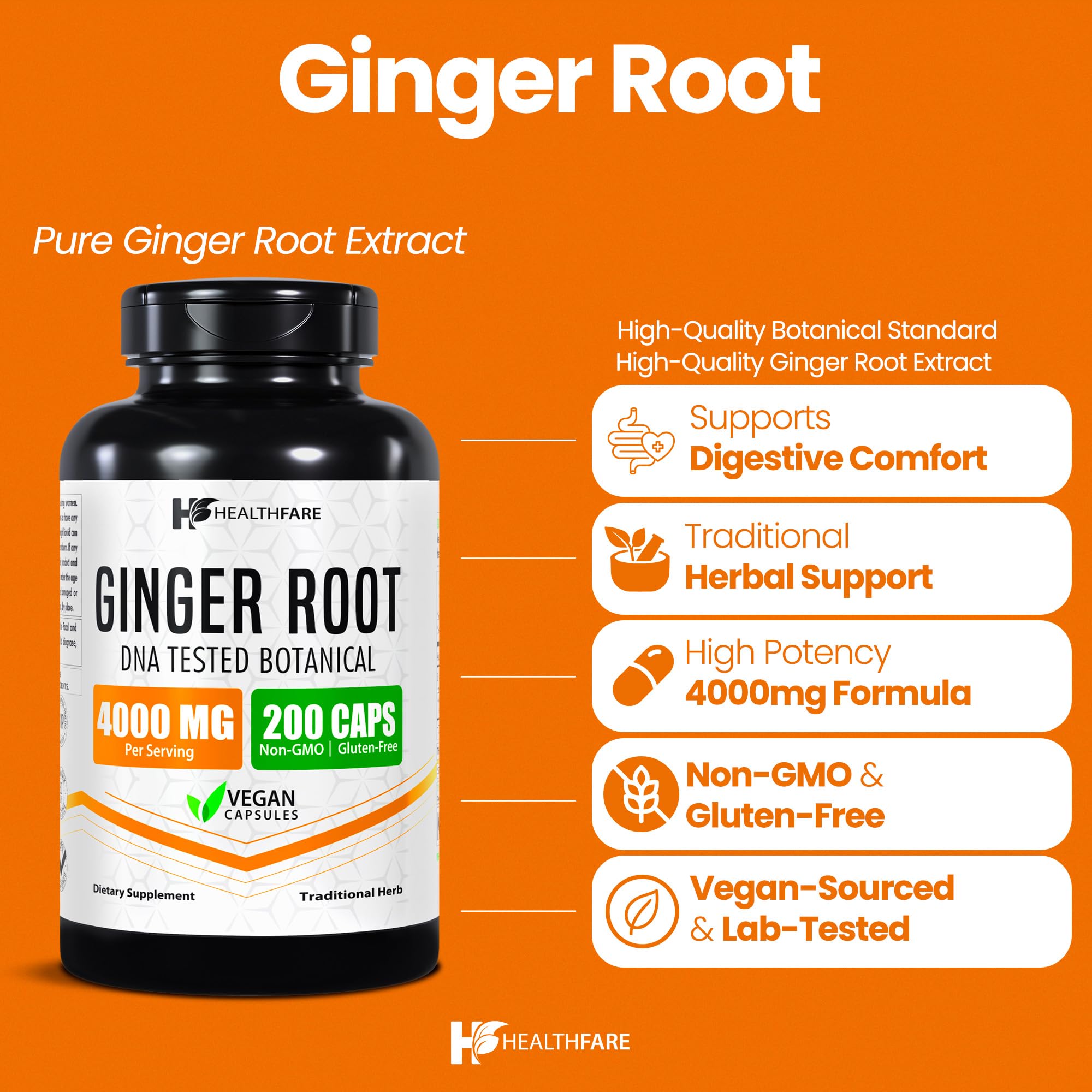 HealthFare high potency ginger pills dietary supplement label details and nutrition facts.