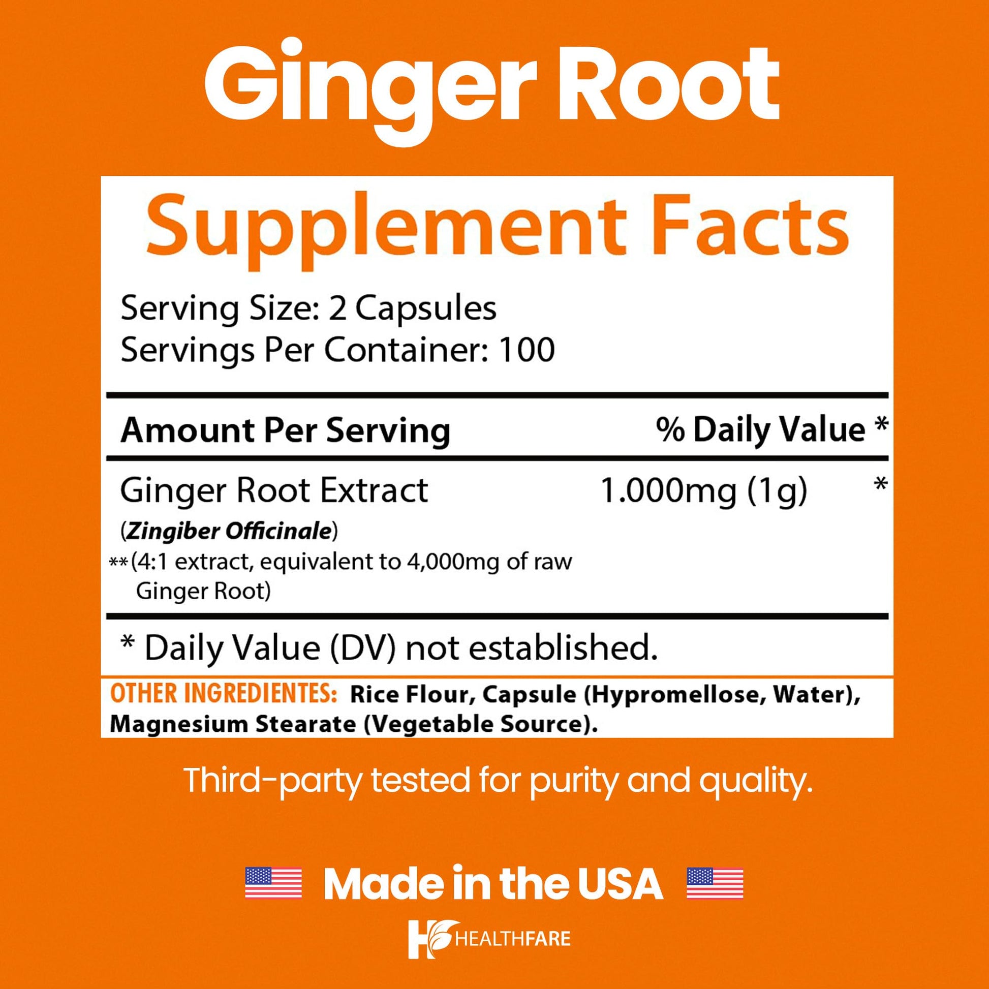 HealthFare non-GMO gluten-free ginger root capsules for natural bloating and nausea relief.
