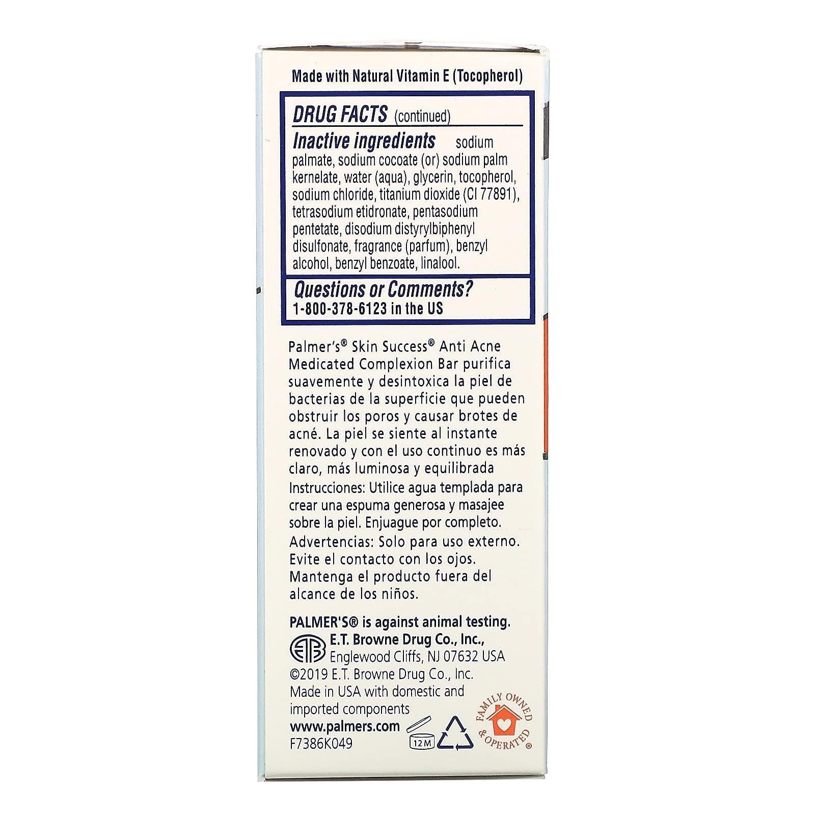 Back label of Palmer's Eventone Medicated Complexion Bar highlighting 3 percent sulfur active ingredient.