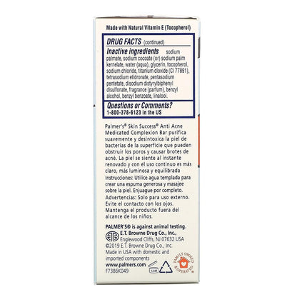 Back label of Palmer's Eventone Medicated Complexion Bar highlighting 3 percent sulfur active ingredient.