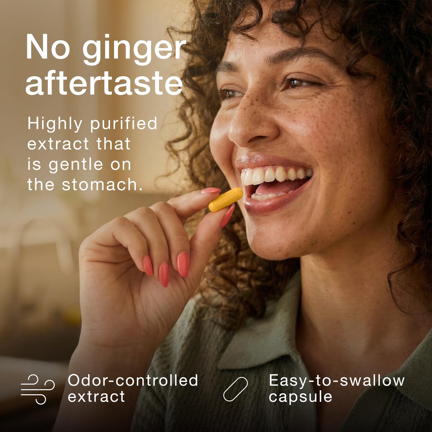 Close up of highly concentrated gingerol capsules supplement facts label and clear dosage instructions.