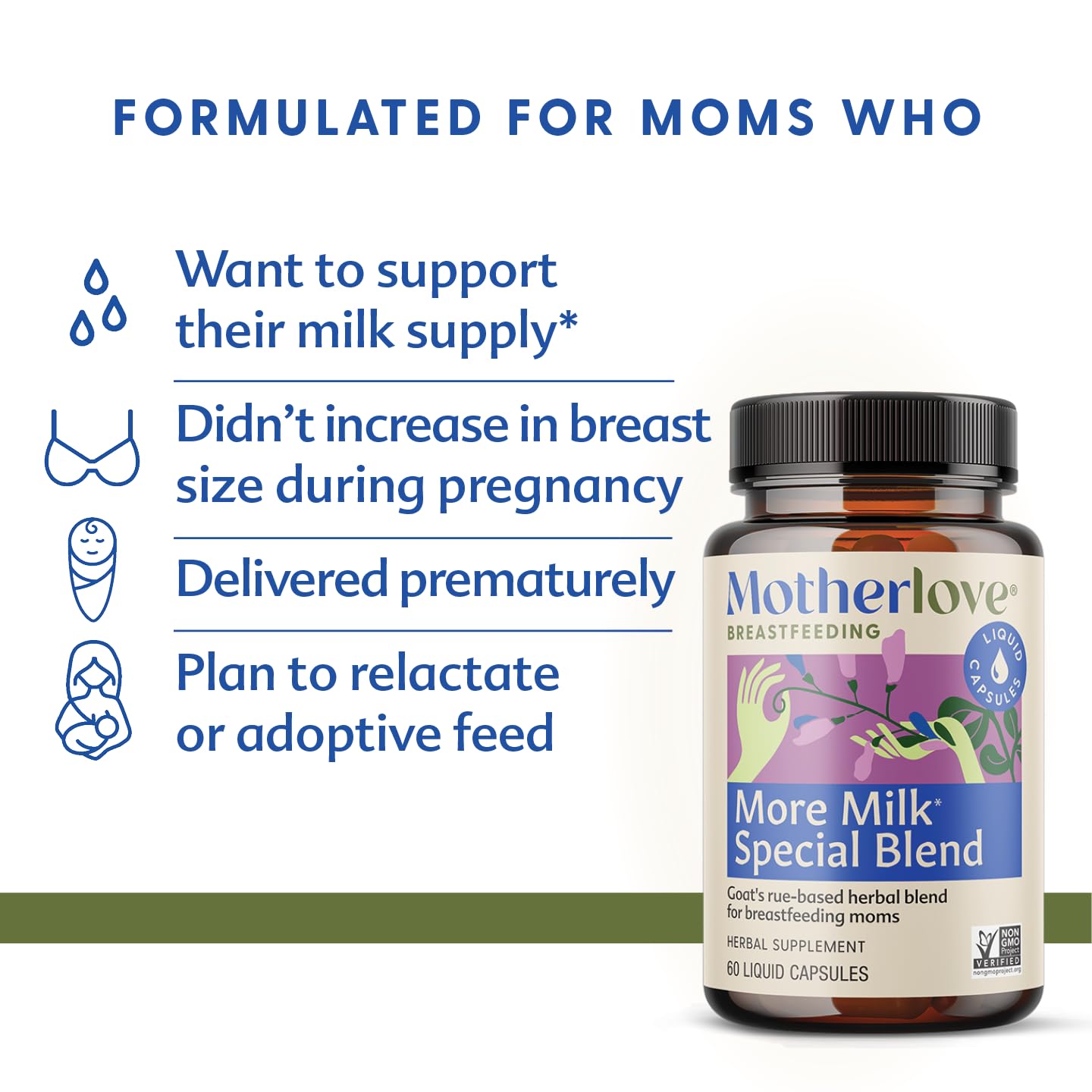 Motherlove lactation supplement bottle showing organic ingredients for breast milk production