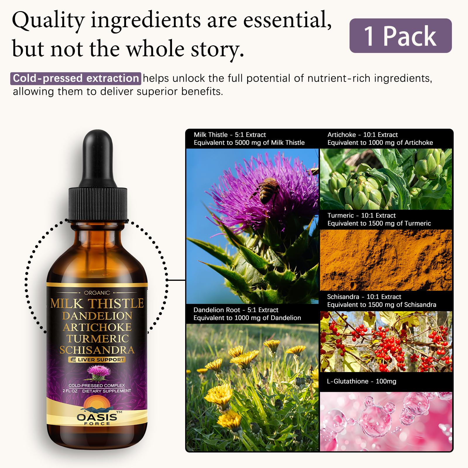 Oasis Force liver detox supplement bottle displaying the standardized silymarin and dandelion complex ingredients.