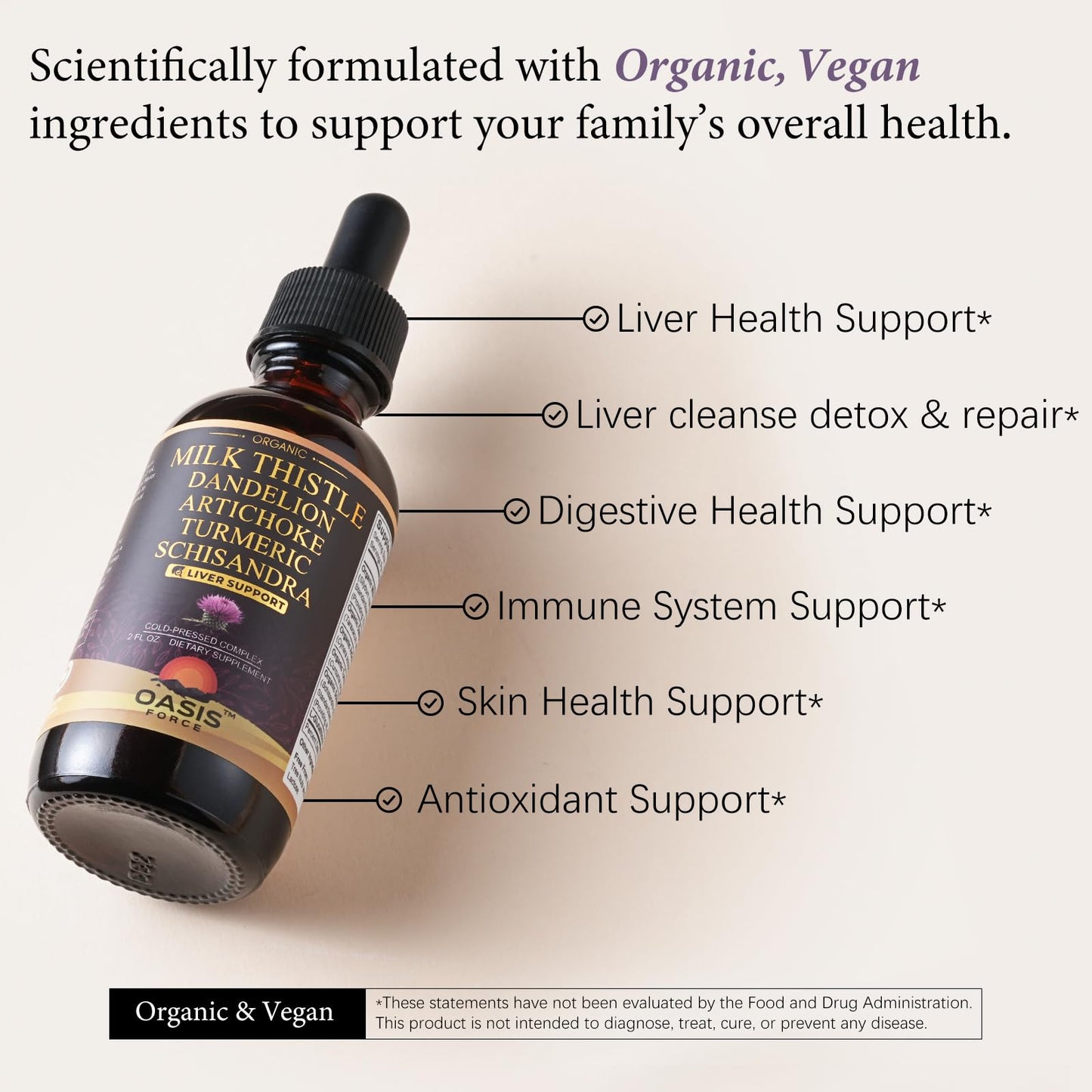 Close up of Oasis Force herbal drops liquid dietary supplement bottle highlighting the two fluid ounces volume.