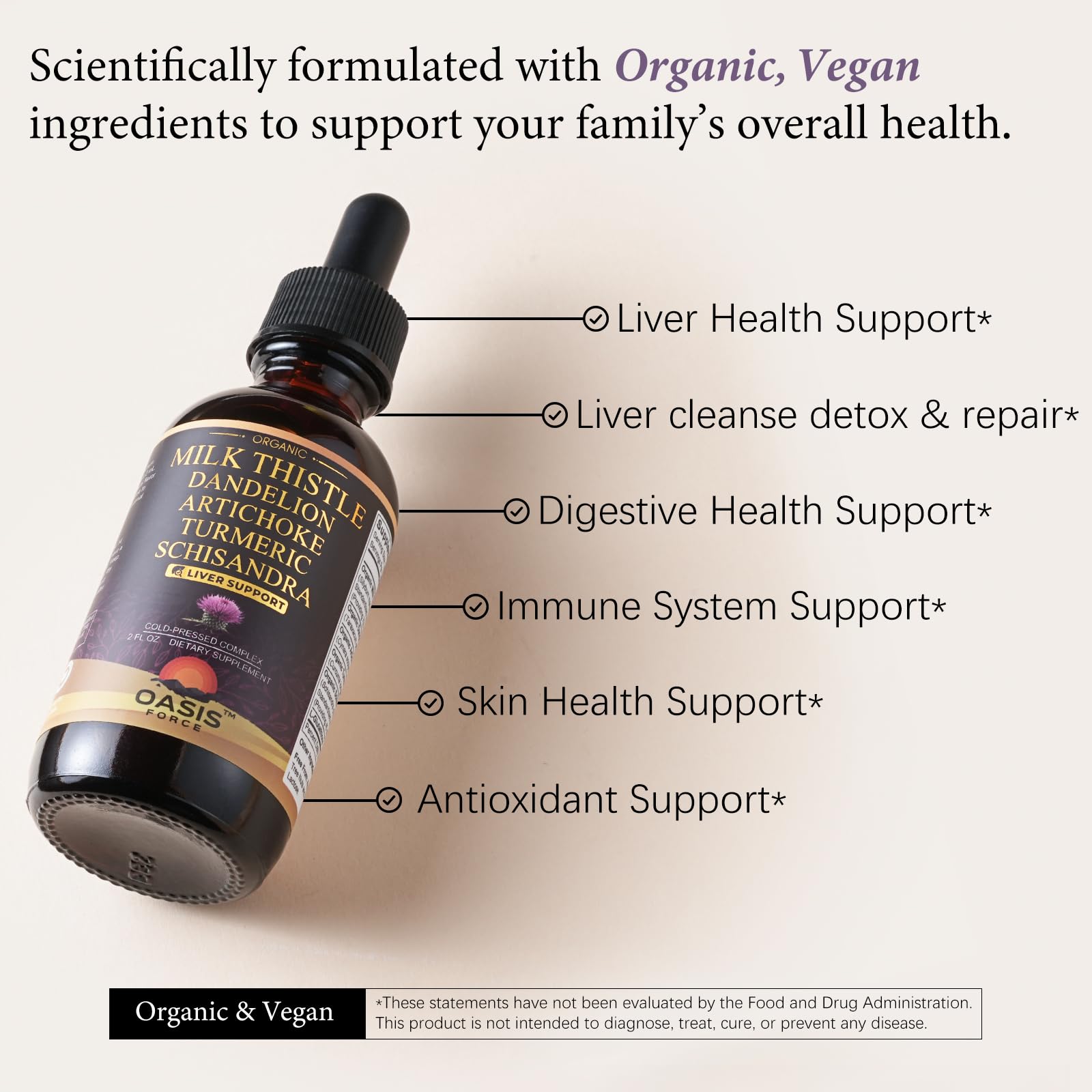 Close up of Oasis Force herbal drops liquid dietary supplement bottle highlighting the two fluid ounces volume.